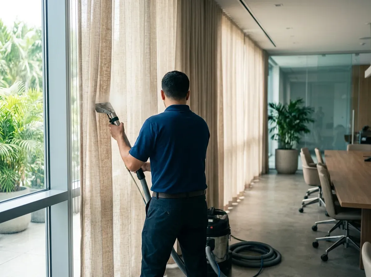 Cortinas de una sala siendo limpiadas sin desmontarlas de la ventana