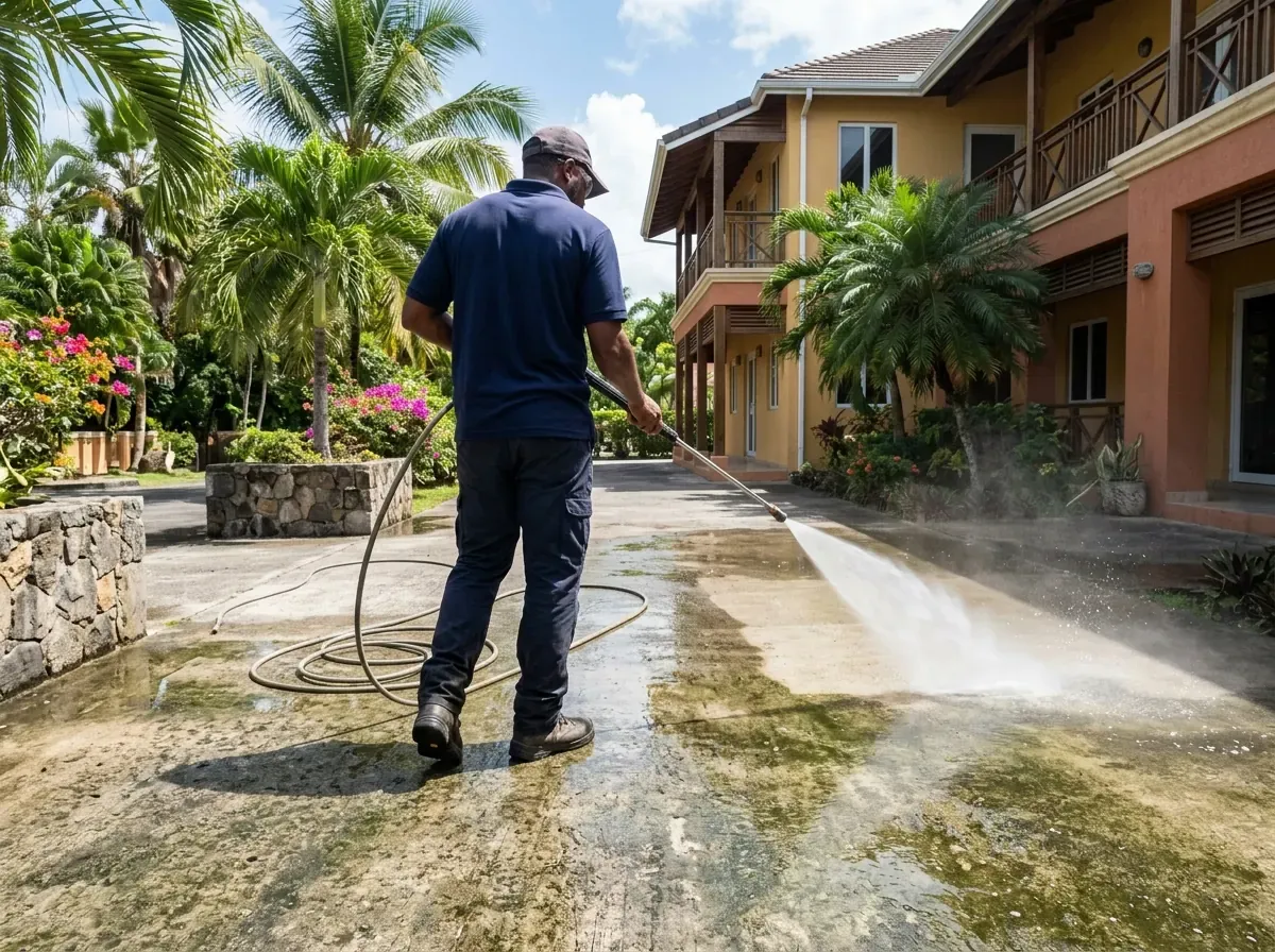 Superficie exterior de concreto siendo lavada con equipo de lavado a presión