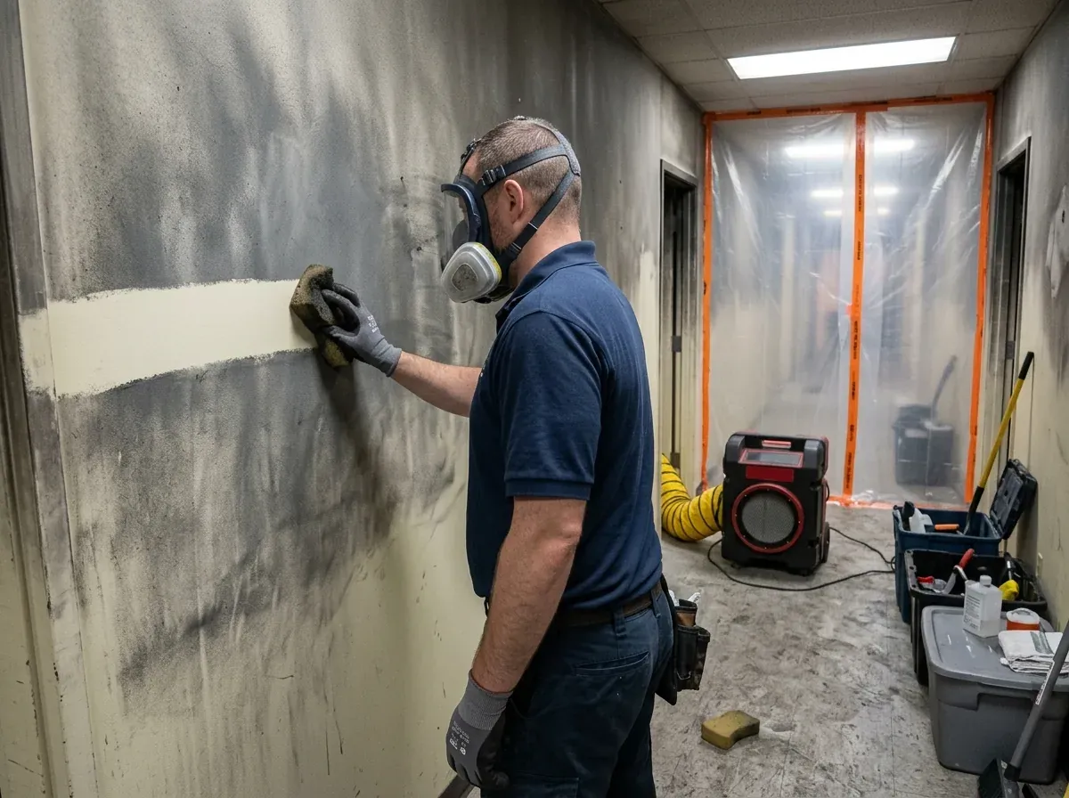 Interior con daño de hollín y humo tras un incendio, en proceso de limpieza