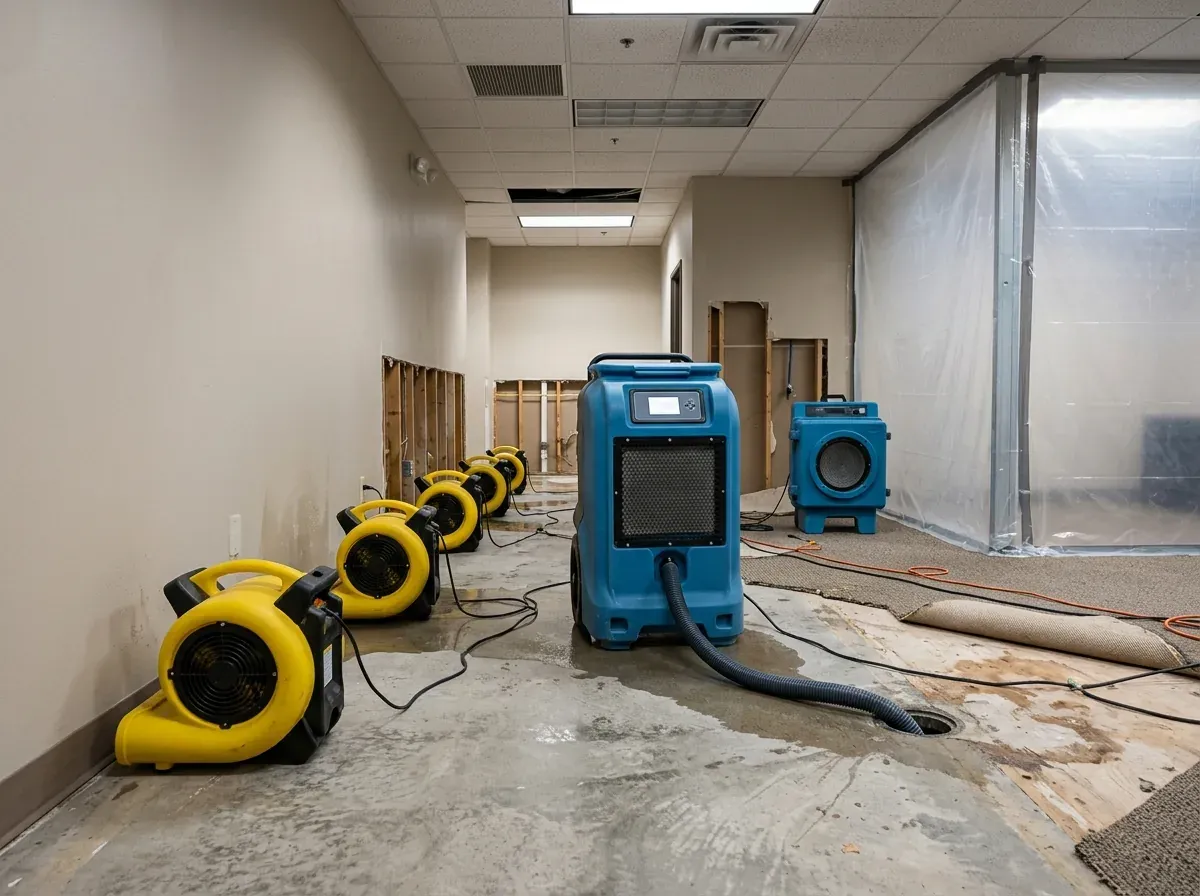Deshumidificadores y air movers secando un área afectada por agua